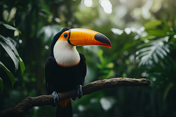 Naklejka premium Toucan tropical bird sitting on a tree branch in a natural wildlife environment in the rainforest jungle