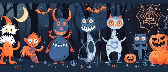 Halloween party, cartoon monsters, spider webs, costumes, flat design illustration