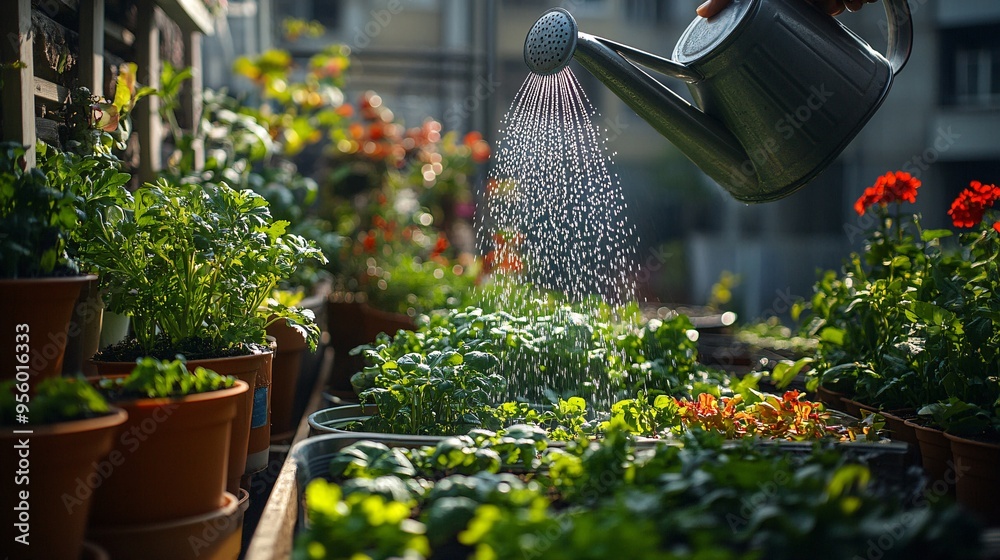 Aufkleber person watering a small urban garden on a balcony with a watering can various vegetables and herbs i