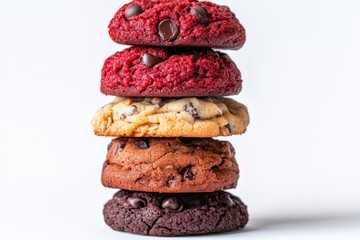 A stack of soft cookies in various flavours including chocolate chip and red velvet.