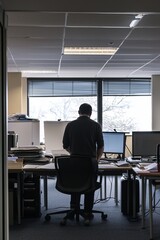 A dedicated worker arriving early to prepare for a big presentation. The office is quiet, with preparation