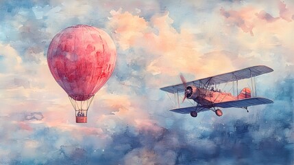 Enchanting watercolor of a hot air balloon drifting beside a vintage aircraft, with soft blues and pinks painting the sky