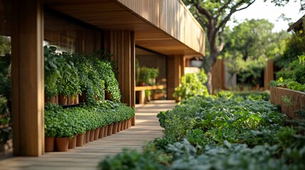 City apartment balcony transformed into a lush green space with a variety of edible plants growing in containers and vertical planters promoting the idea of home-grown food in urban settings Stock