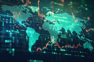 Fototapeta premium An abstract world map created from digital code, overlaid with financial charts and graphs. symbolizing global business tech