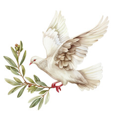 Obraz premium Beautiful illustration of a white dove carrying an olive branch, symbolizing peace and harmony. Perfect for designs and print materials.