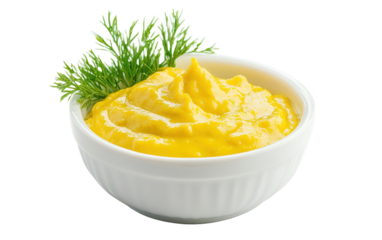 Mustard sauce in the bowl on transparent background, png	
