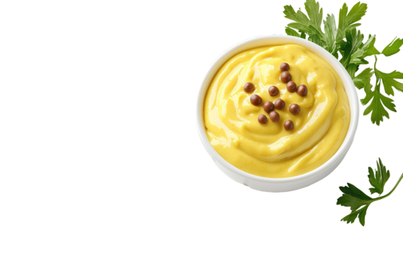 Mustard sauce in the bowl on transparent background, png	