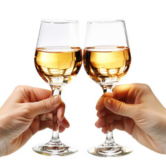 Obraz premium Two hands holding wine glasses toasting a celebration with a white background, symbolizing celebration, friendship, and joy.