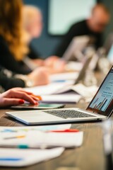 Fototapeta premium An employee showing exceptional focus during a high-stakes meeting. Papers and digital devices reflect their
