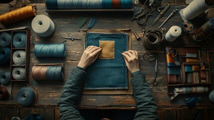 Person sewing a patch onto a well-worn pair of jeans on a wooden table surrounded by fabric scraps and sewing tools illustrating the practice of extending the life of garments through creative repair