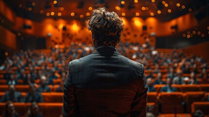 Fototapeta premium A man in a business suit stands confidently on stage