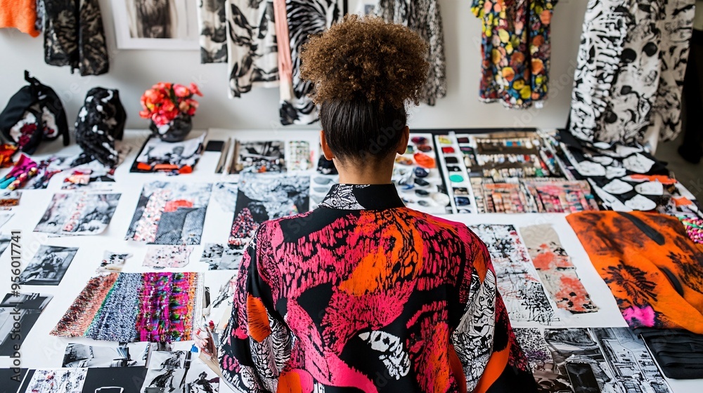 Aufkleber fashion designer working on a new collection in a studio using eco-friendly fabrics and materials wi