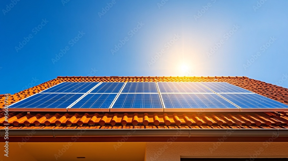 Poster solar panels installed on the roof of a modern suburban home with sunlight reflecting off the panels