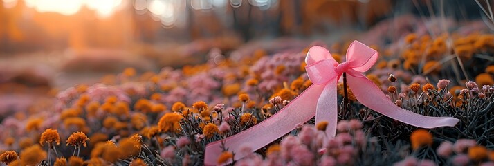 a pink ribbon on a flower. 