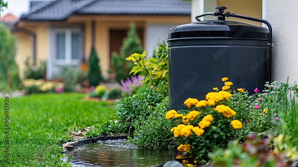 Poster rainwater harvesting system with a large tank connected to the gutters of a house showing water bein