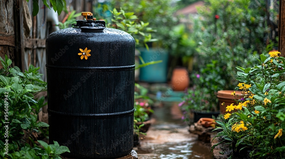Poster rainwater harvesting system with a large tank connected to the gutters of a house showing water bein