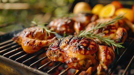 Excellent stock view of roasted chicken on a grill for a summery get together inside in the garden