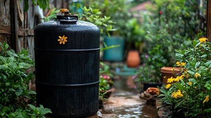 Rainwater harvesting system with a large tank connected to the gutters of a house showing water being stored for later use in the garden and household showcasing sustainable water management