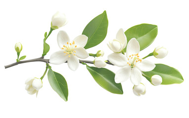 Fototapeta premium Orange tree branch with white flowers buds and leaves on transparent background, png 