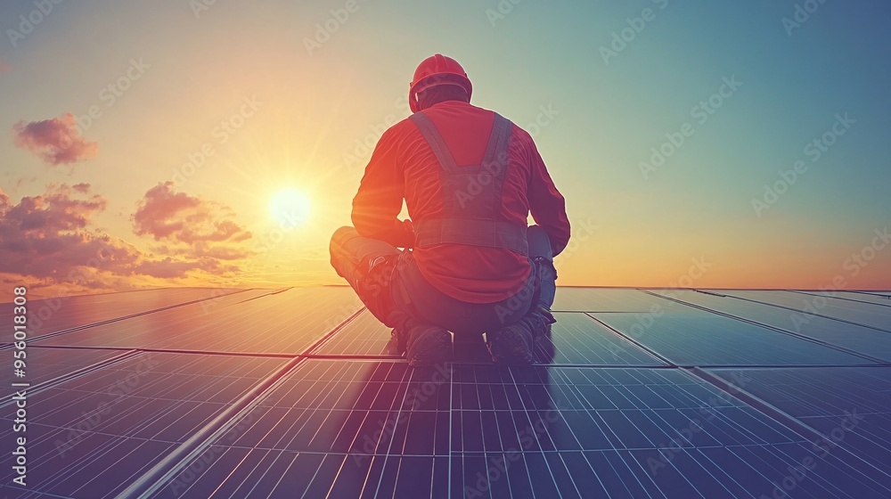 Poster homeowner installing solar panels on a rooftop using safety gear and tools with the sun shining brig