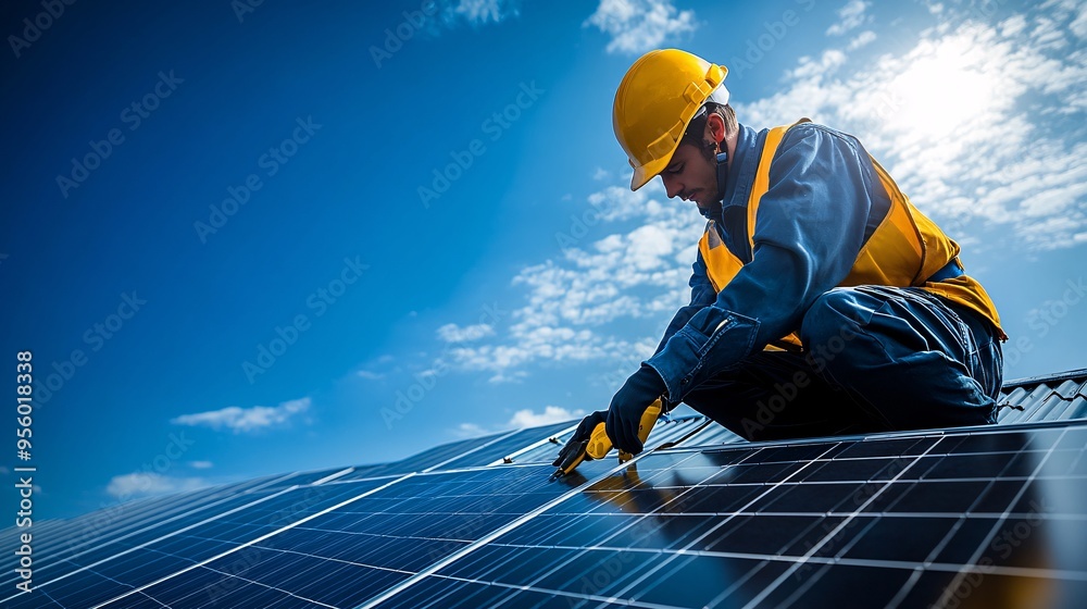 Poster homeowner installing solar panels on a rooftop using safety gear and tools with the sun shining brig