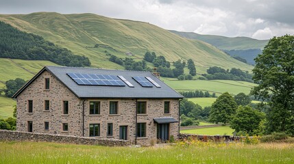 A modern eco-friendly house with solar panels on the roof and energy-efficient windows blending...