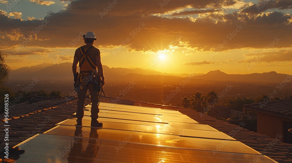 Poster homeowner installing solar panels on a rooftop using safety gear and tools with the sun shining brig