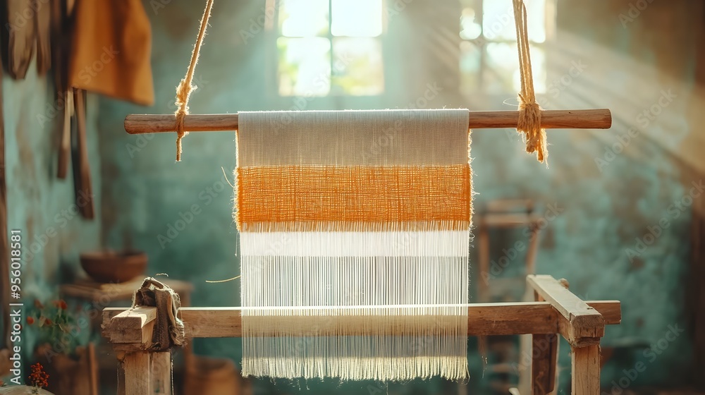 Poster Handwoven Textile Draped Over Loom with Soft Sunlight Filtering Through Window