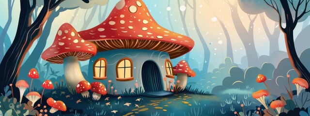 Fototapeta premium Storybook-style mushroom house using a soft, round brush.