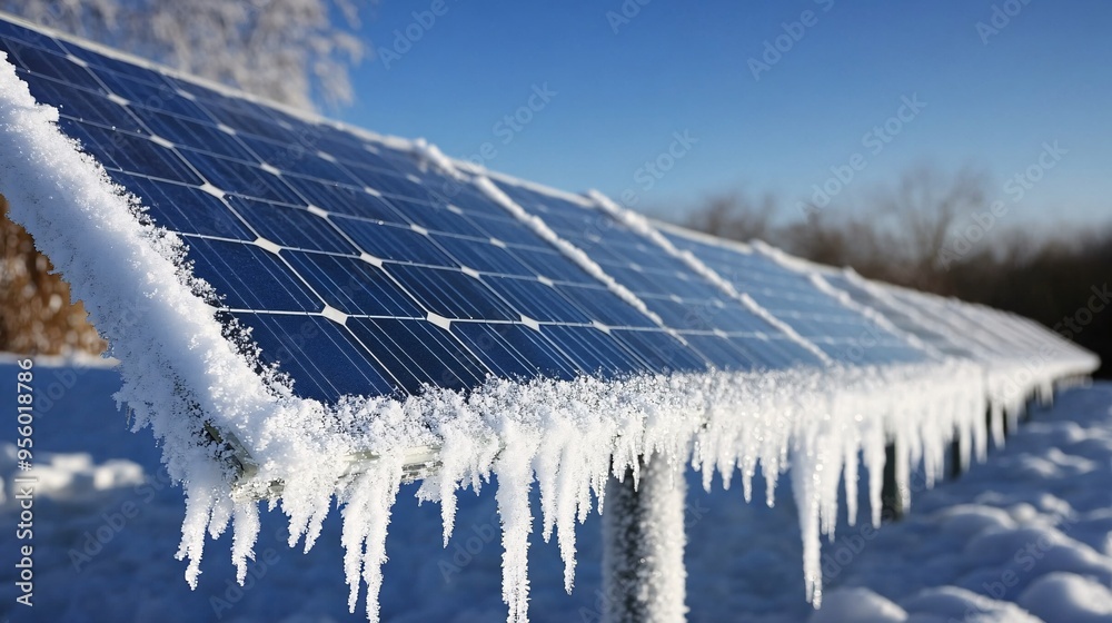 Poster A close-up of solar panels covered with a light layer of snow on a winter day showing the year-round benefits of solar energy in various climates and conditions Stock Photo with copy space
