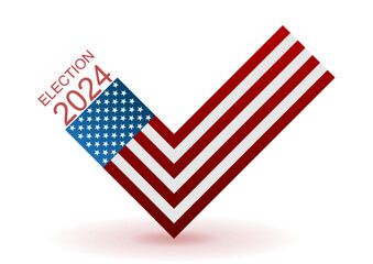 Bright red blue concept check mark for the US presidential election 2024. Vector USA flag design