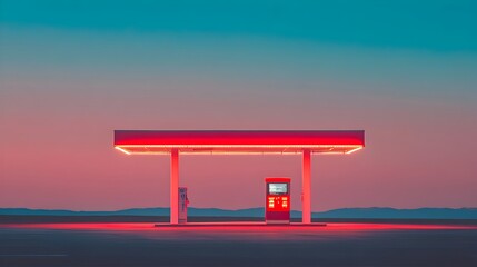 Illuminated Gas Station Canopy at Golden Hour Cityscape