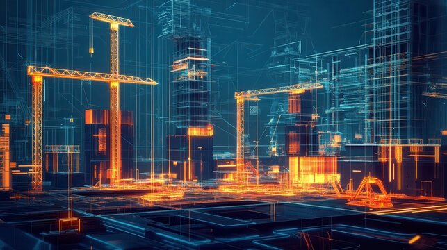 Futuristic Construction Site with Laser Assembled Buildings and High-Tech Design Elements