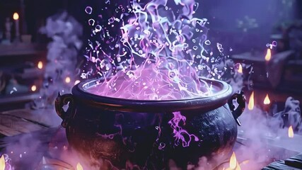 A cauldron filled with a glowing pink potion, steam rises from the surface and the liquid is bubbling and swirling.