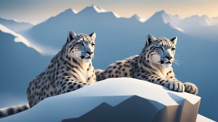 Obraz premium Majestic Snow Leopards on Mountain Peak at Sunset