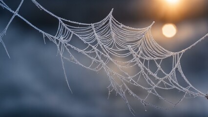 Frozen Spiderweb with Dew Drops in Morning Sun