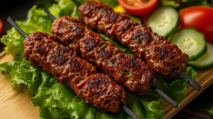 Spicy chapli kebabs served on a bed of lettuce with slices of tomatoes and cucumbers.