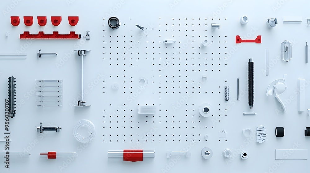 Poster neatly arranged abs brake system components on bright white surface for product showcase