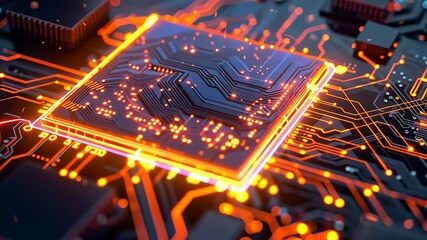 Exploring the glowing circuitry of a computer chip in a close-up view showcasing intricate details and vibrant colors