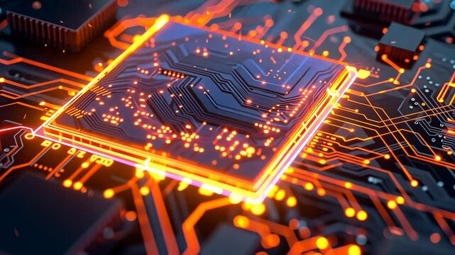 Exploring the glowing circuitry of a computer chip in a close-up view showcasing intricate details and vibrant colors