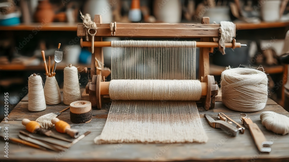 Poster neatly arranged traditional weaving tools and loom in a well lit setting