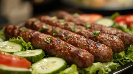 Spicy chapli kebabs served on a bed of lettuce with slices of tomatoes and cucumbers.