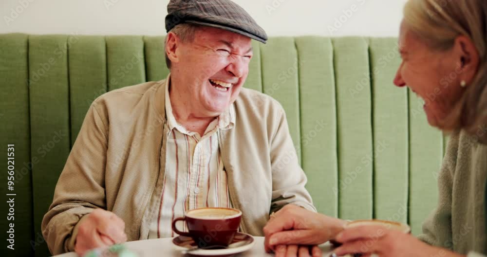 Sticker Happy, laugh and mature couple at coffee shop for bonding, conversation and relax together. Retirement, marriage and elderly man and woman in restaurant, cafe and diner for breakfast in morning