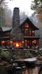 Obraz premium Stone cabin with a fireplace, glowing with warm light. Perfect for projects about cozy, rustic homes in the woods.