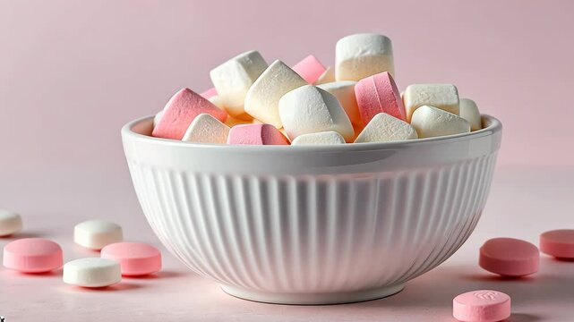 Colorful marshmallows in a white bowl against a soft pastel background captured in a cozy kitchen setting