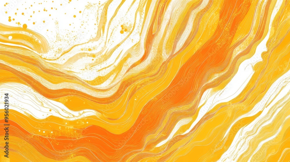 Wall mural Abstract line art illustration featuring vibrant orange liquid design with summer pumpkin stripes and chaotic mustard doodles evoking a playful children s art theme with warm yellow tones