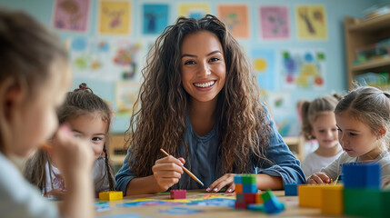 Fototapeta premium A kindergarten classroom decorated with colorful posters and drawings, young children painting and building with blocks, a teacher assisting them with a smile