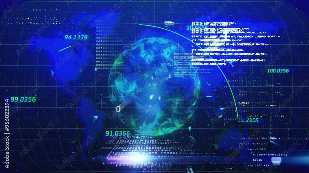 Poster digital globe with data processing animation over blue world map and binary code