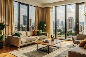 Fototapeta premium Minimalist luxury modern living room interior design, morning light, modern interior concept for use.