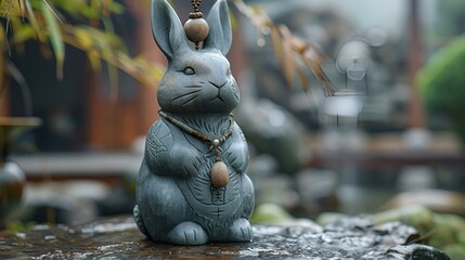 Obraz premium a grey bunny statue with a bead on its head. 